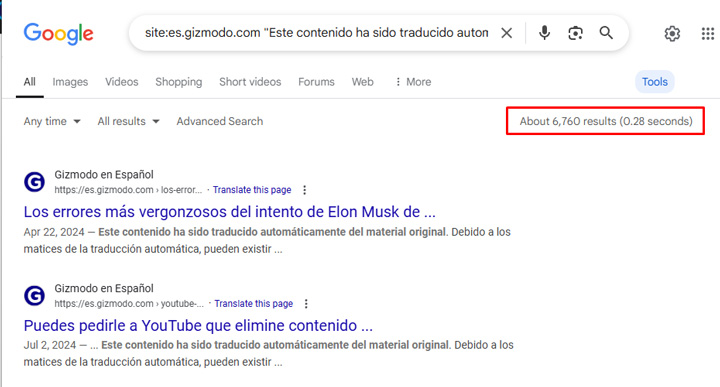 Gizmodo AI-translations on the es subdomain.