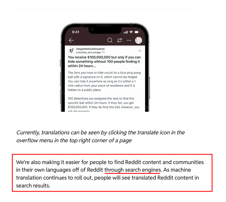 Reddit explaining that it is scaling AI translations to more countries.