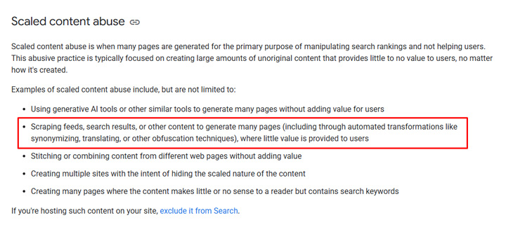 Scaled content abuse spam policy about auto-translation.