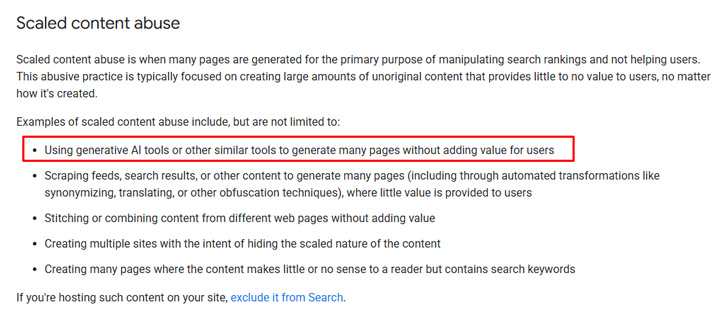 Scaled content abuse spam policy about AI-generated content.