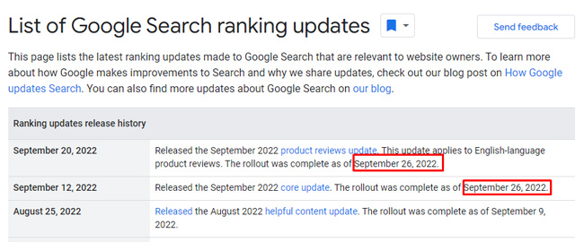 Ranking updates page for the September 2022 broad core update and Product Reviews Update