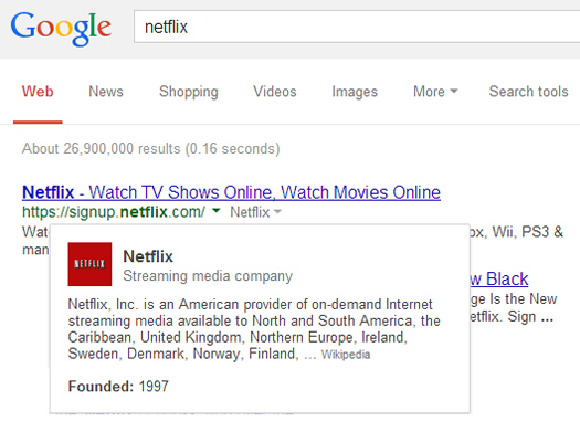 New Google Hover Card in SERPs for Netflix