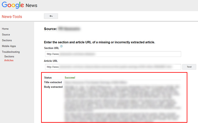 Google News Troubleshooting Tool - Success