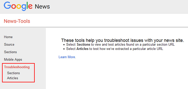 The Troubleshooting Tool in the Google News Publisher Center