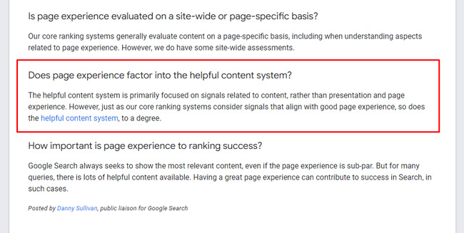 FAQ about the roll of page experience in the helpful content update.