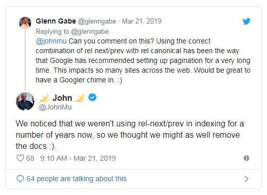 Confirmation from Google's John Mueller that rel next/prev isn't used for indexing.