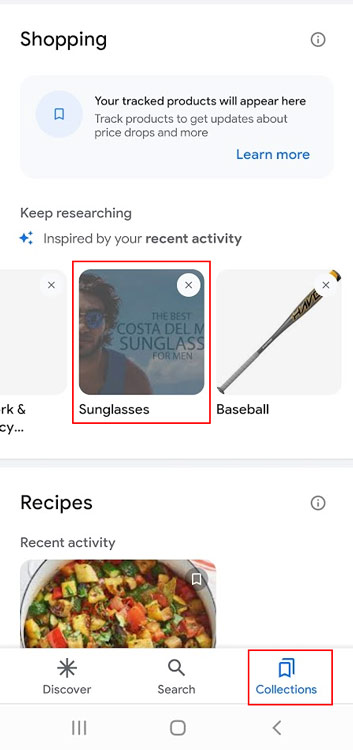 Google Collections with similar functionality to the task dashboard in Discover.