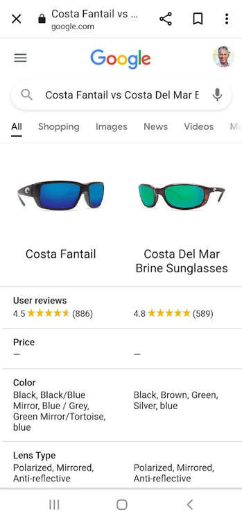 Google search results comparing products based on Google's Shopping Graph.