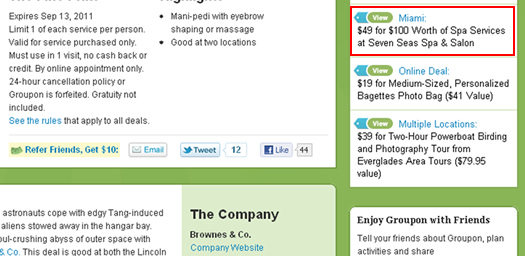 A live competitor deal on a Groupon company page.