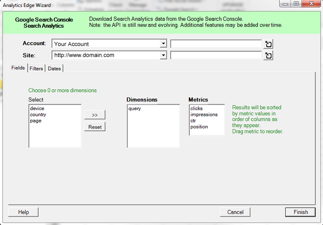 Select queries in Analytics Edge via Fields tab.