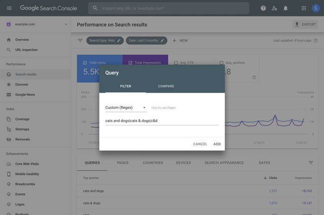 Regex filtering in Google Search Console (GSC).