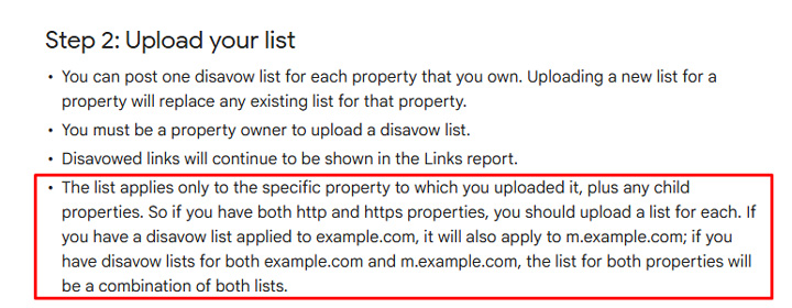 Google's disavow documentation explaining that disavow files apply to the property they were uploaded to.