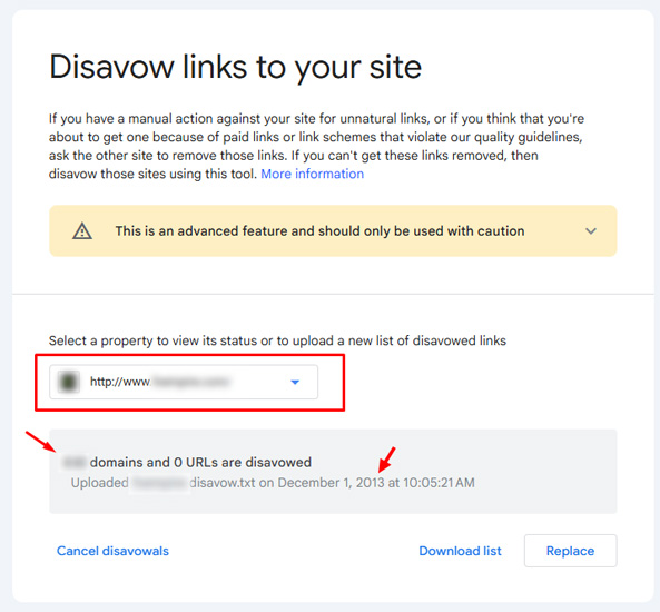 A hidden disavow file in Google Search Console uploaded in 2013
