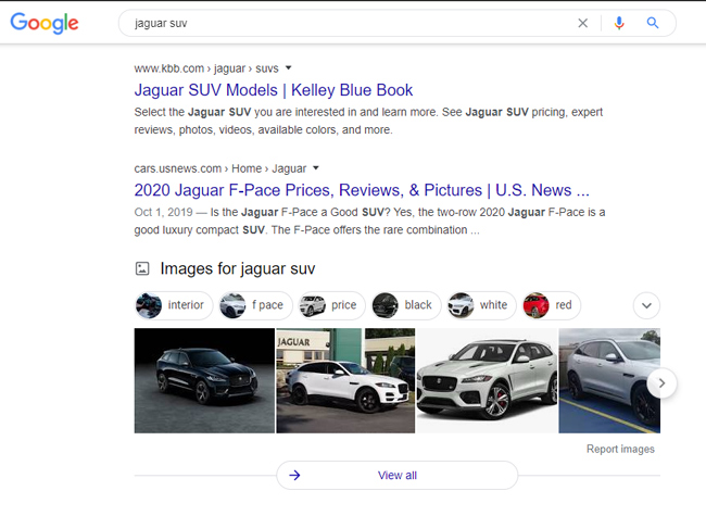 Image pack ranking in Google for "jaguar suv".