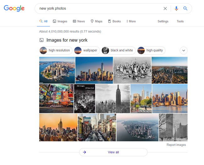 Image block for New York Photos in the Google web search results that lead to Google Images.