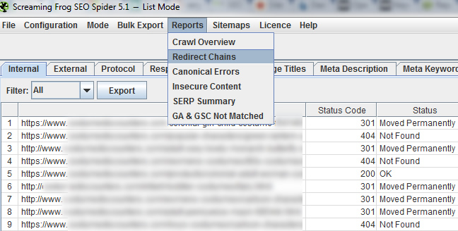 Redirect Chains Report in Screaming Frog