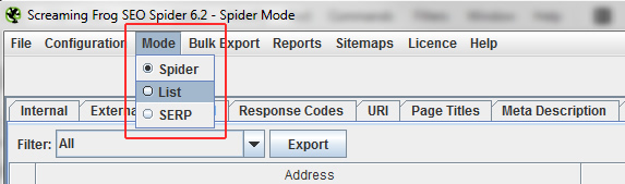 List Mode in Screaming Frog