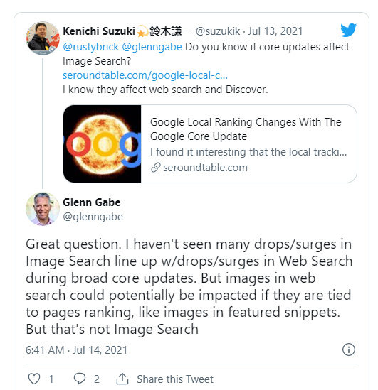 Reply to tweet about Google core updates and image search.