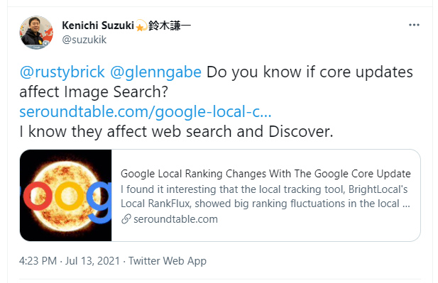 Tweet about Google core updates and image search.