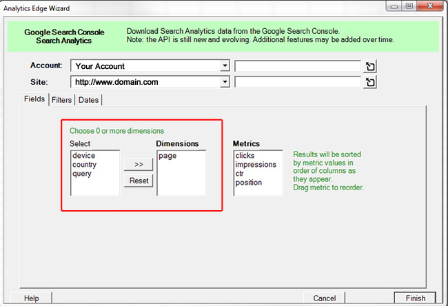 Exporting landing pages from GSC via Analytics Edge.