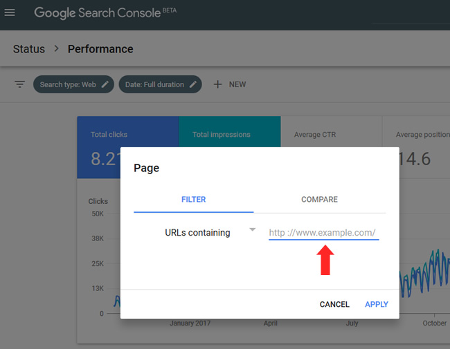 Filtering the Performance report in GSC by url.