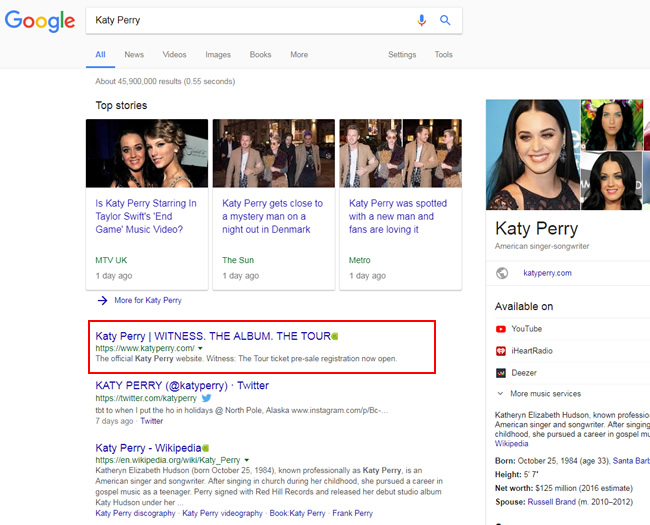 Katy Perry's official site still ranking #1 after the algorithm update. 