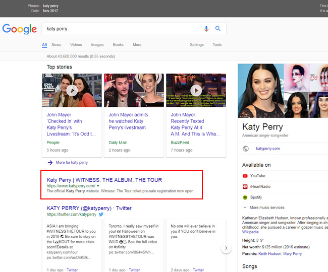 Katy Perry's official site ranking #1 before the algorithm update. 