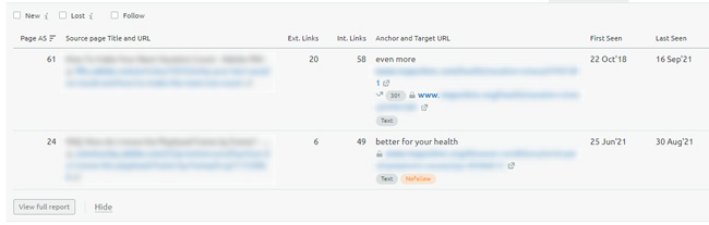 Viewing links in Semrush Backlink Gap