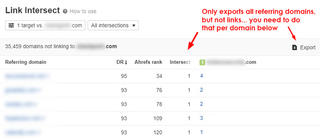 Exporting domains in ahrefs Link Intersect Tool