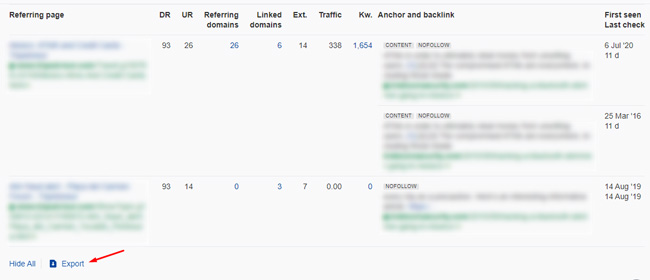 Exporting links in ahrefs Link Intersect Tool