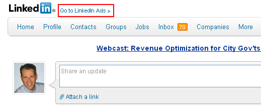 Accessing LinkedIn Ads Via The Link On Your Homepage