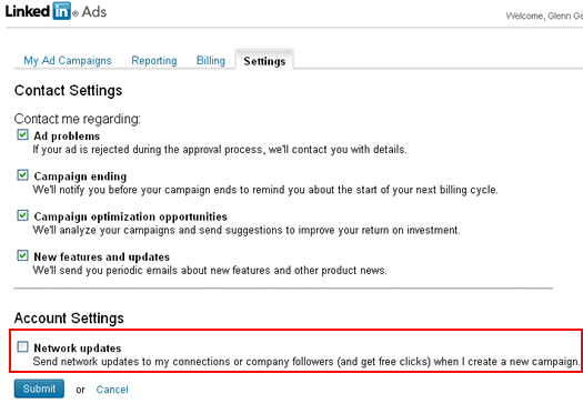 The checkbox for turning off network updates for LinkedIn campaigns.