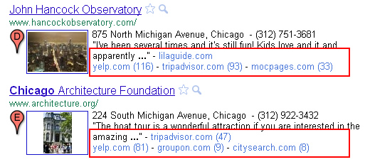 Clustered results in Google Place Search (Local Search).