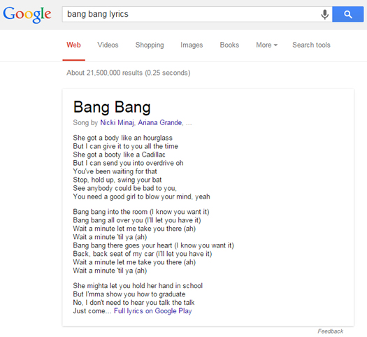 Bang Bang Lyrics in US Google SERPs