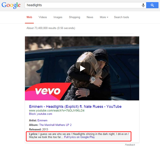 Lyrics in Google SERPs Linking To Google Play