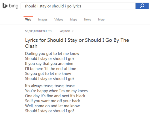 Lyrics in Bing SERPs 