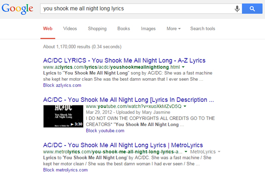 You Shook Me All Night Long Without Lyrics in US Google SERPs