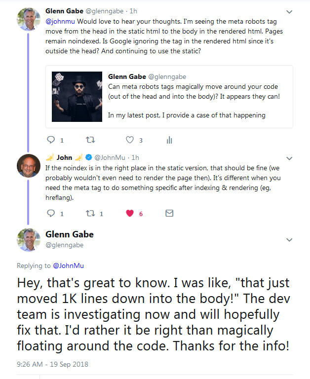 John Mueller's tweet about the magically moving robots tag.