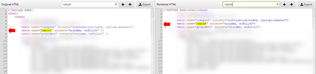 Screaming Frog static versus rendered html for another site running the same CMS.