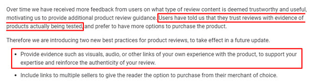 Google's best practice about first-hand use and testing for product reviews.