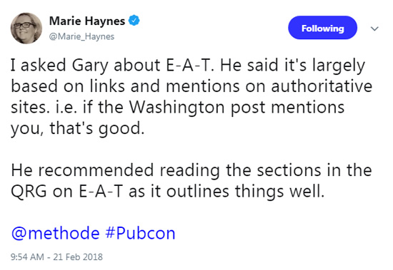 Marie Haynes tweet about E-A-T.