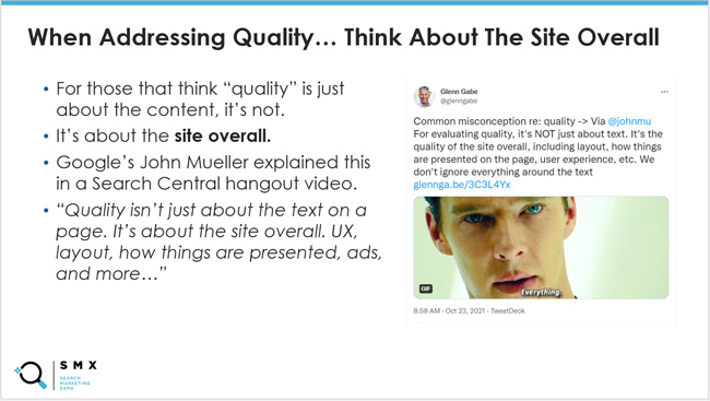 Google's John Mueller about quality and how it's more than just the textual content on the page.