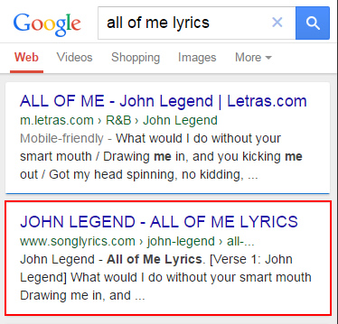 Mobile Friendly Algorithm Songlyrics.com Mobile SERPs