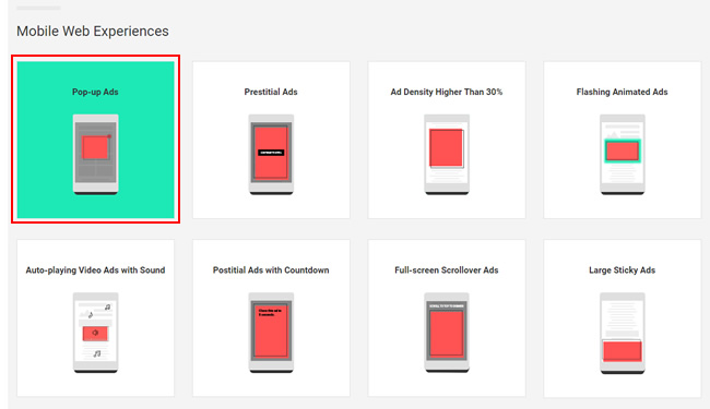 List of mobile violations based on the Better Ads Standards.