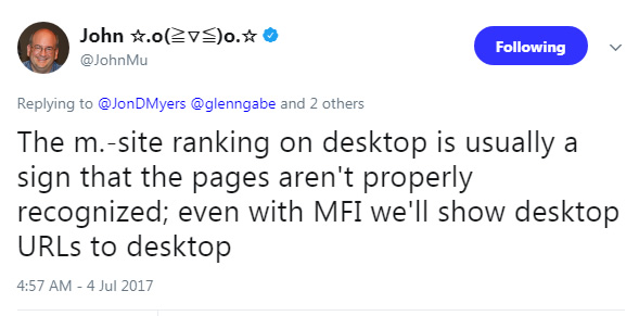 Google's John Mueller explaining that mobile urls should not rank in desktop search.