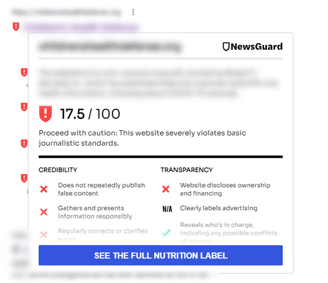 NewsGuard overlay with more information from a site's nutritional label.