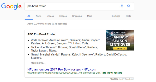 Breaking News Featured Snippet NFL Pro Bowl Rosters