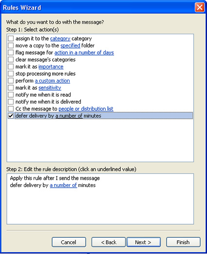 Microsoft Outlook Rule, defer delivery by a number of minutes.