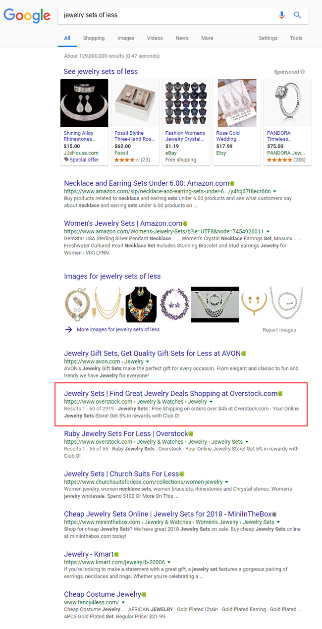 Jewelry sets for less - video carousels missing.