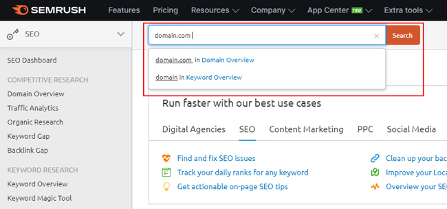 Enter domain name in semrush.